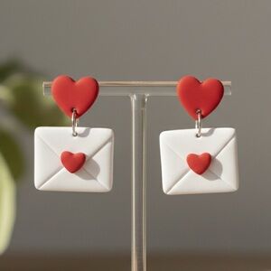 Heart Envelope Love Letter Studs - Handmade Clay Earrings - Red
